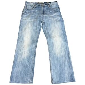 BKE Buckle Mens 33R Tyler Bootleg Thick Stich Blue Jeans 33x28 Distressed Cowboy